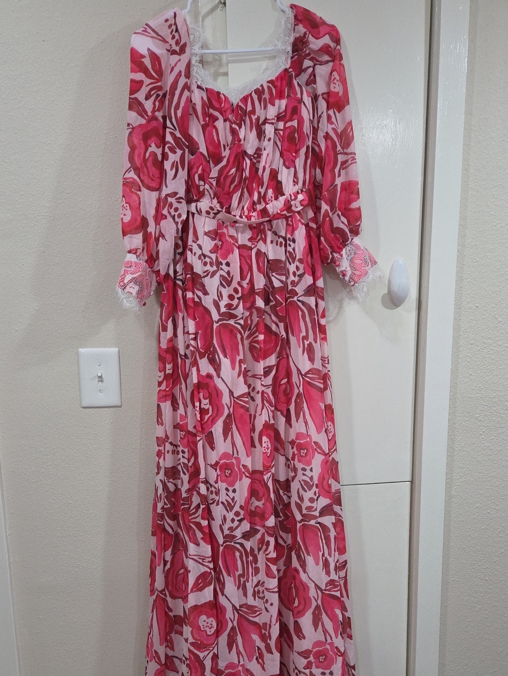 Pink Floral Maxi Dress with Lace Trim